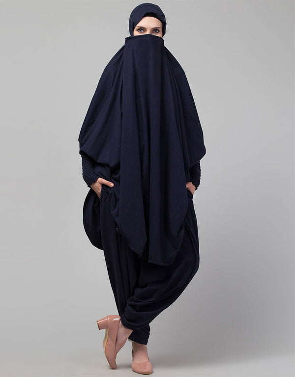 Muslim SMOKING AT SLEEVE JERSEY KHIMER WITH HAREM PANT IN NAVY Front View